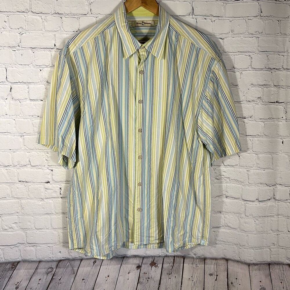 Tommy Bahama Silk Blend Yellow Blue Shirt Striped Short Sleeve Shirt size XL